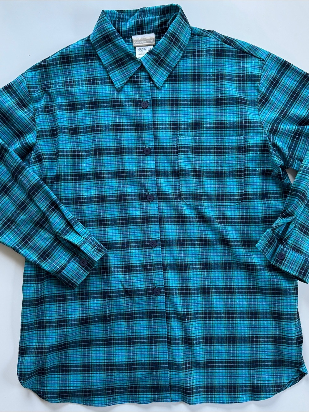 Coldwater Creek Blue Plaid Sparkle Long Sleeve Button-Up Tunic Shirt Western - L